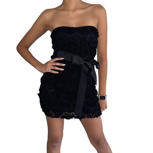 Zara Evening Strapless Dress Size S City Party Bodycon Black Raised Tulle Roses - Picture 2 of 14